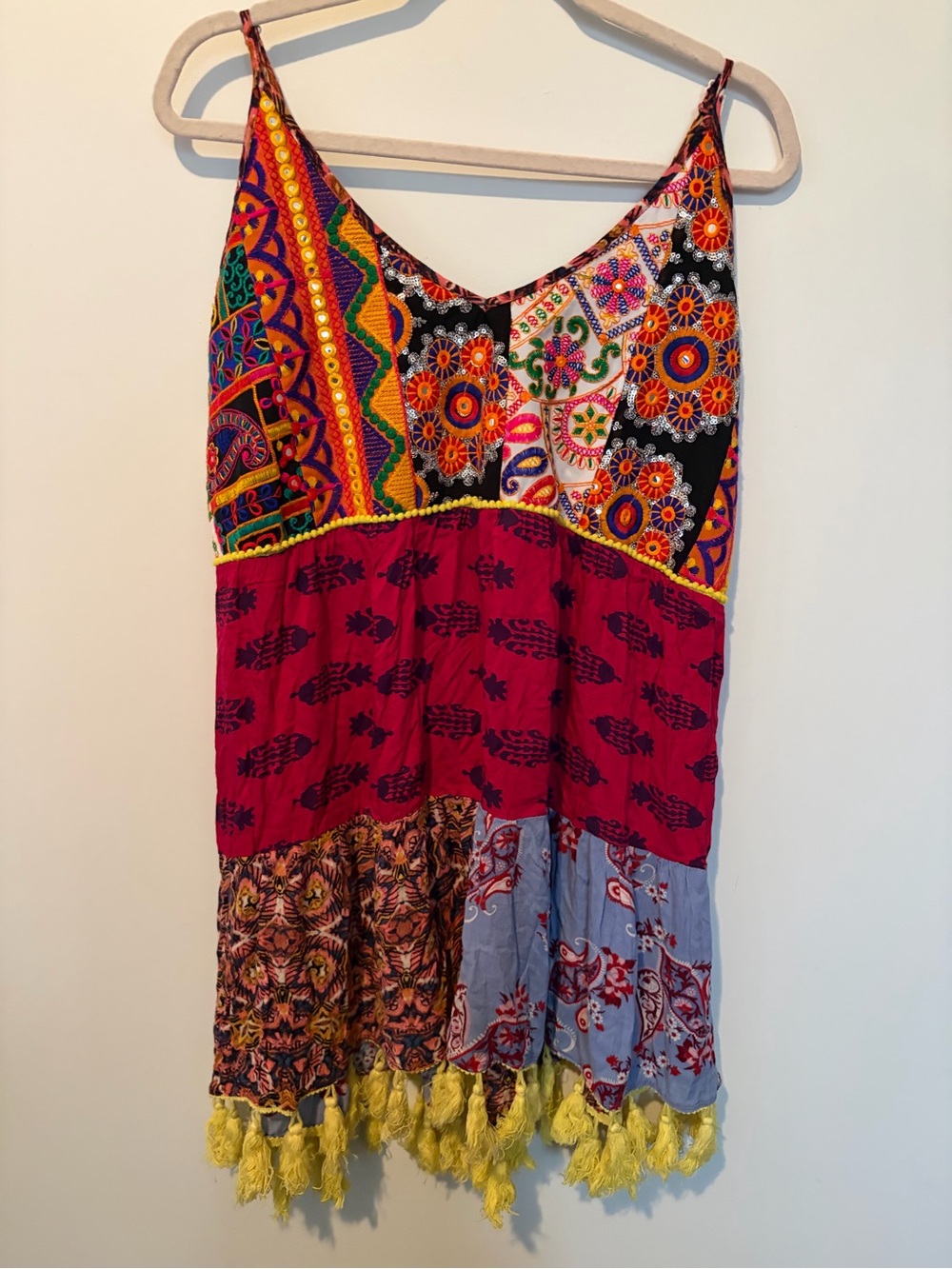 Anandas Collection Boho Muli-Print Fringe Trim Top - XXL